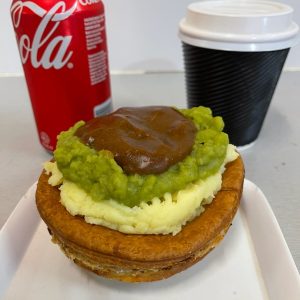 MEAT PIE POTATO MUSHY PEAS GRAVY AND 375ML CAN OF DRINK OR COFFEE
