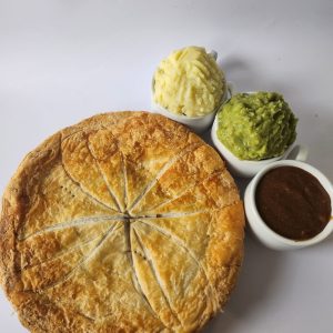 LARGE FAMILY MEAT PIE MUSHY PEAS MASH AND GRAVY